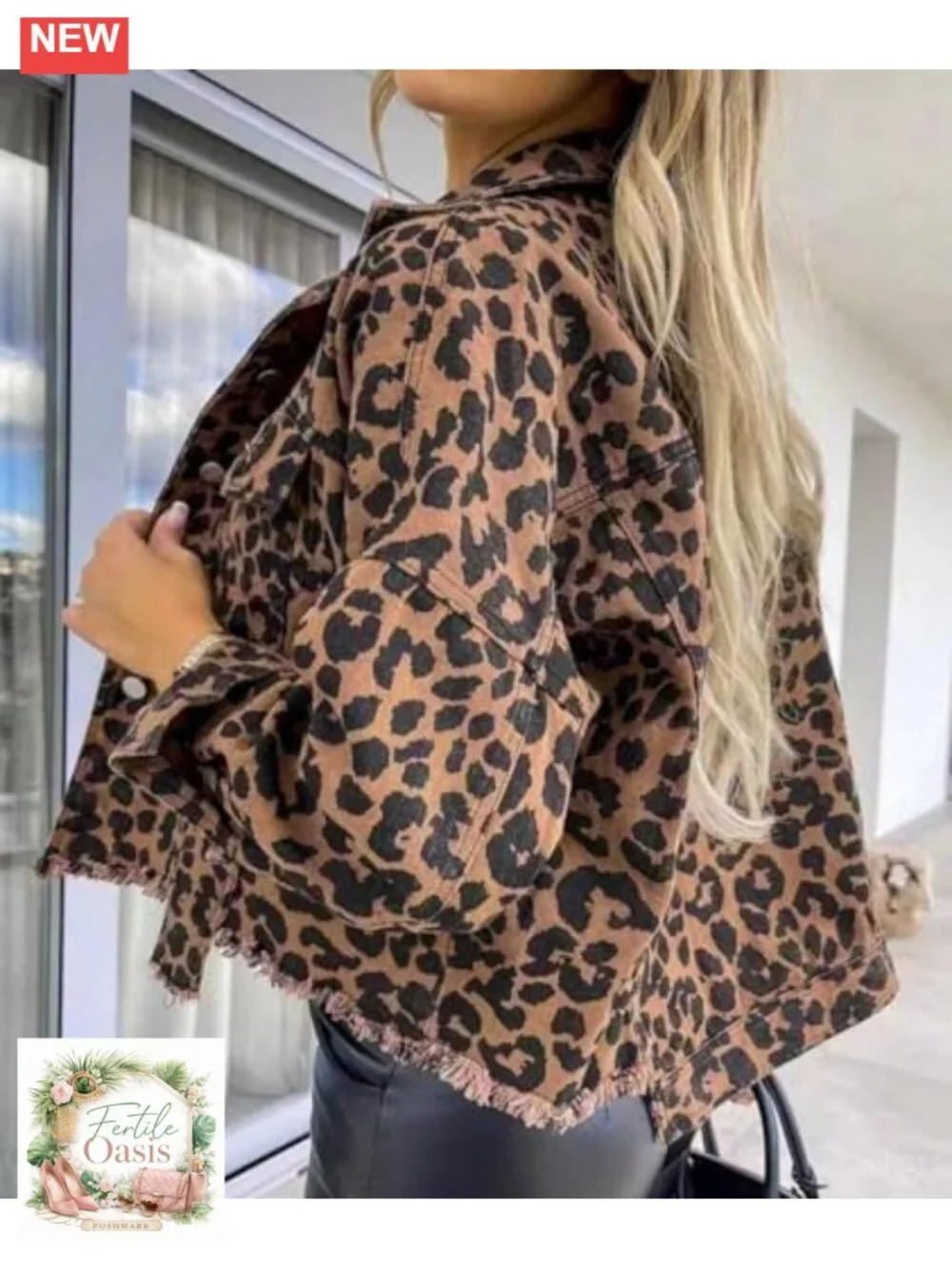 Women's Leopard Print Denim Jacket Long Sleeve Animal Print Jean Coat